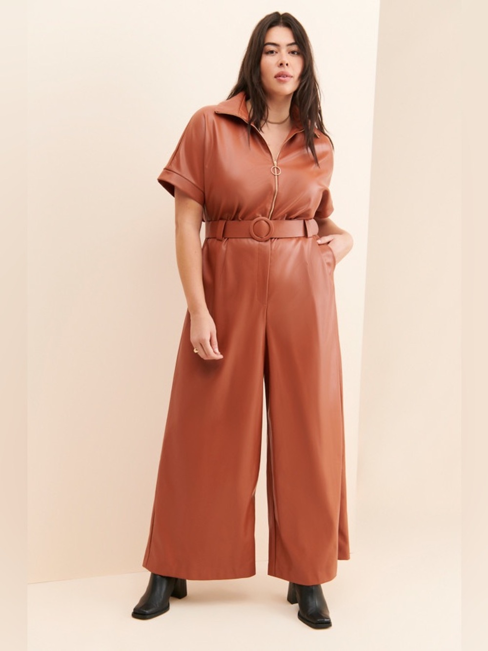 Hutch Cognac Vegan Leather Jumpsuit (New sealed in bag)